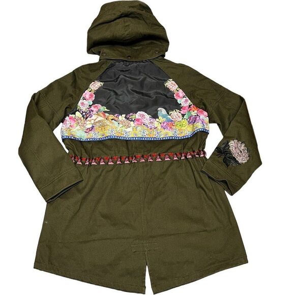 Desigual Jacket 6 Olive Green Parka‎ Victorian Gothic Hooded Embroidered Floral - Picture 14 of 16